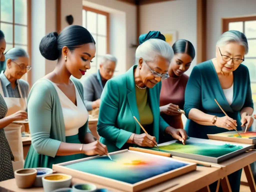 Una pintura acuarela detallada de personas de diferentes generaciones compartiendo técnicas artísticas en un taller