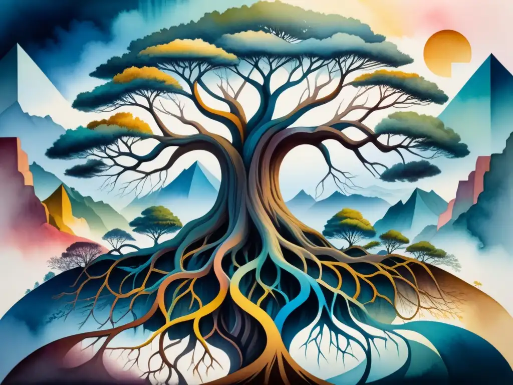 Una pintura acuarela detallada que fusiona raíces de árbol con formas geométricas coloridas, simbolizando la interconexión del arte y la historia