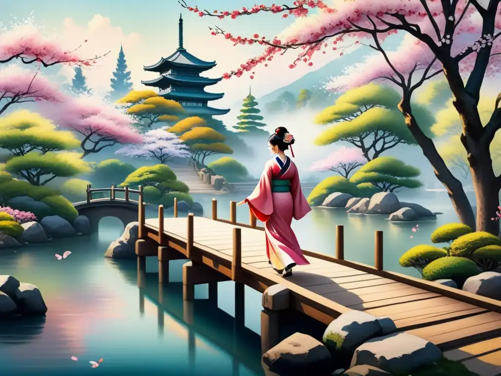 Una pintura acuarela detallada de un sereno jardín japonés con árboles de cerezo en flor, un puente de madera y una geisha en kimono vibrante