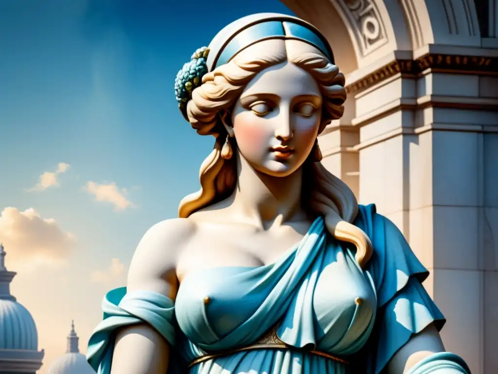 Una pintura acuarela detallada de la icónica estatua de mármol de Venus de Milo, en tonos suaves de azules y blancos