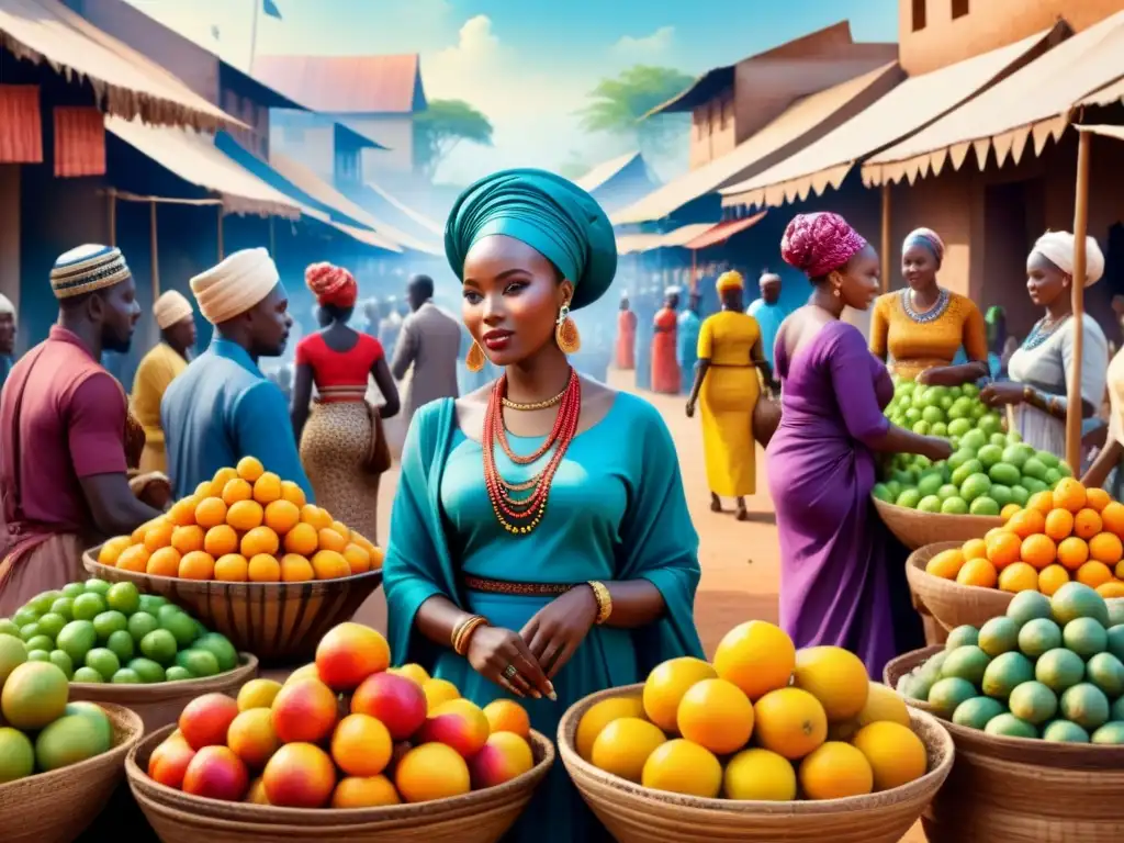 Una pintura acuarela detallada de un vibrante mercado africano, capturando la riqueza cultural y comunidad