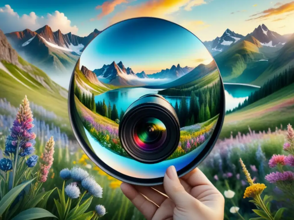 Una pintura acuarela detallada y vibrante fusiona técnicas de fotografía y arte digital en un paisaje surrealista de colores y luz