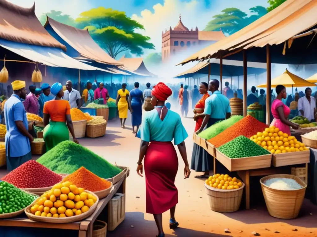 Una pintura acuarela detallada de un vibrante mercado africano, reflejando la vida contemporánea y la intersección cultural