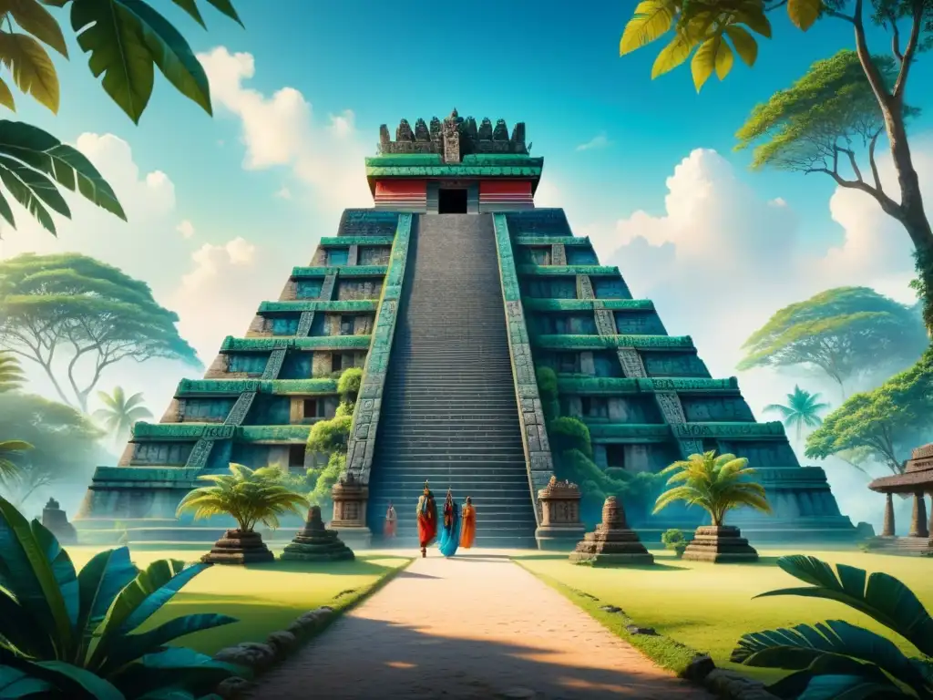 Una pintura acuarela detallada de un vibrante templo maya rodeado de exuberante vegetación, bajo un cielo azul claro