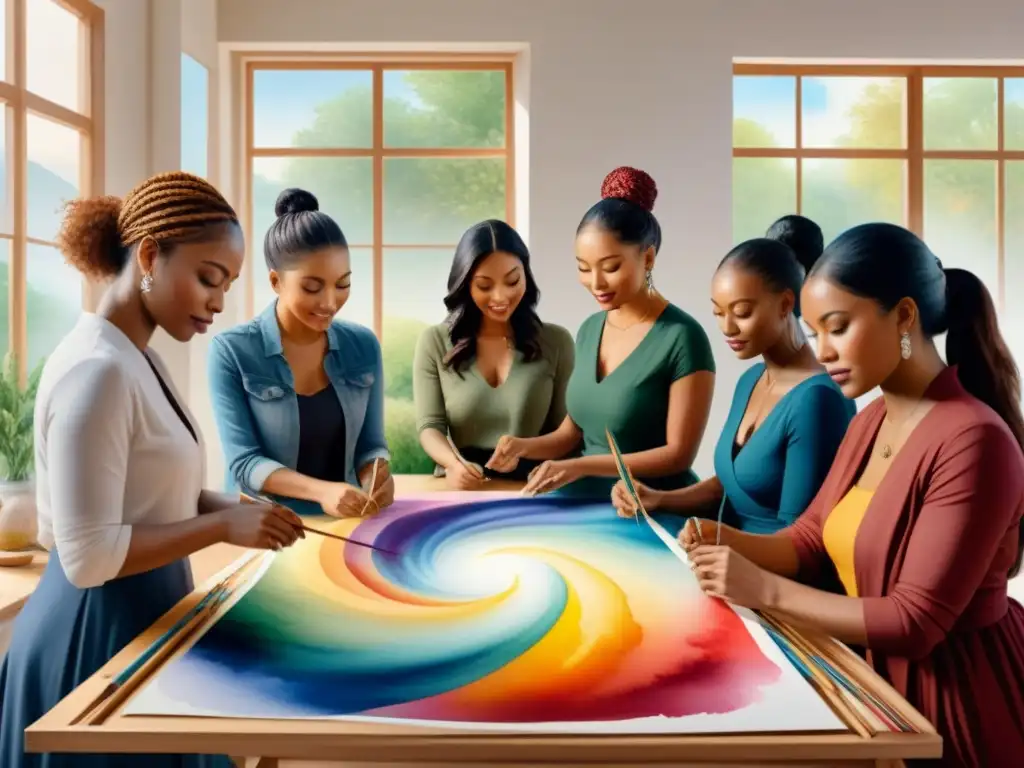 Una pintura acuarela detalla diversidad de personas creando arte juntas en un estudio luminoso