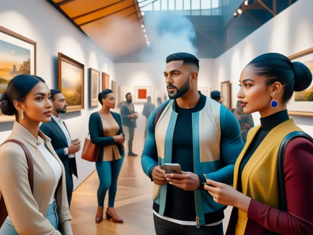Obra de arte inclusiva: diversidad en galería europea Una pintura acuarela detalla diversidad de personas en galería de arte europeo contemporáneo, representando minorías con orgullo y empoderamiento
