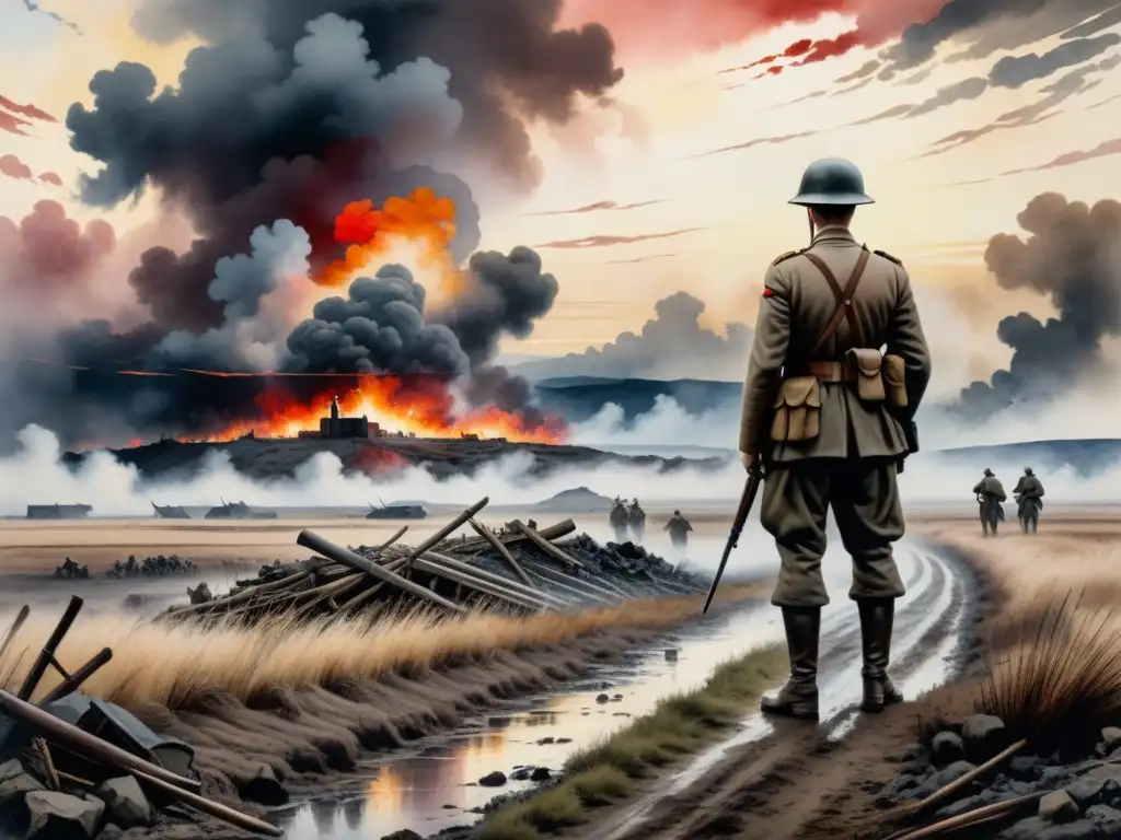 Pintura acuarela emotiva y vívida de un campo de batalla desolado de la Primera Guerra Mundial, influencia arte moderno Primera Guerra