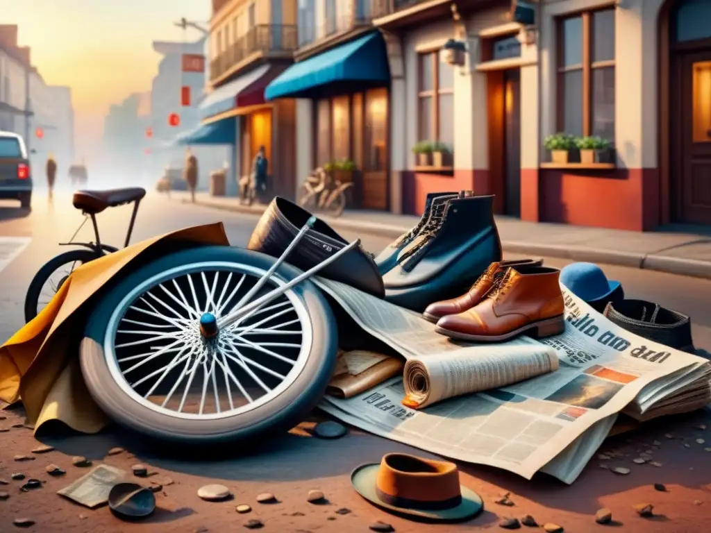 Acuarela detallada de calle urbana desordenada al atardecer Pintura acuarela de esquina urbana con objetos encontrados en postmodernismo al atardecer