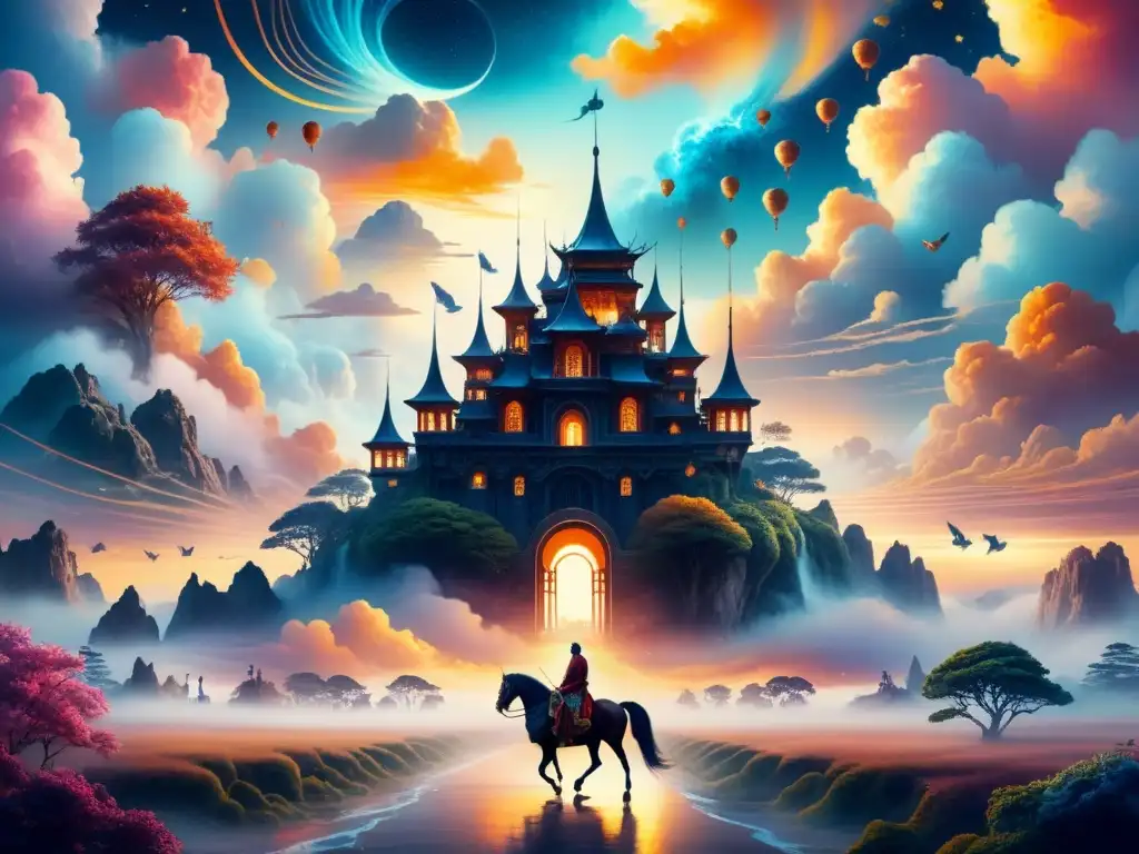 Paisaje onírico: acuarela surrealista con símbolos oníricos y criaturas fantásticas Una pintura acuarela etérea que representa un paisaje onírico surrealista con símbolos de sueños e interpretaciones visuales arte sueños