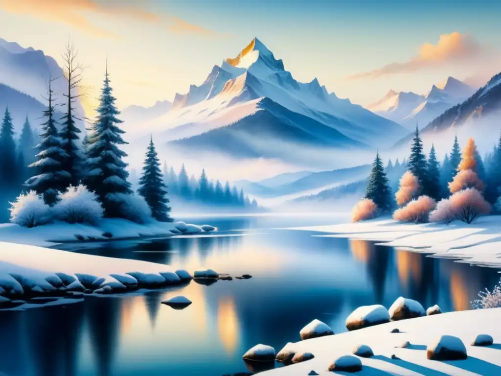 Una pintura acuarela exquisita de invierno con árboles nevados, lago congelado y montañas lejanas, técnicas de pintar nieve impresionistas