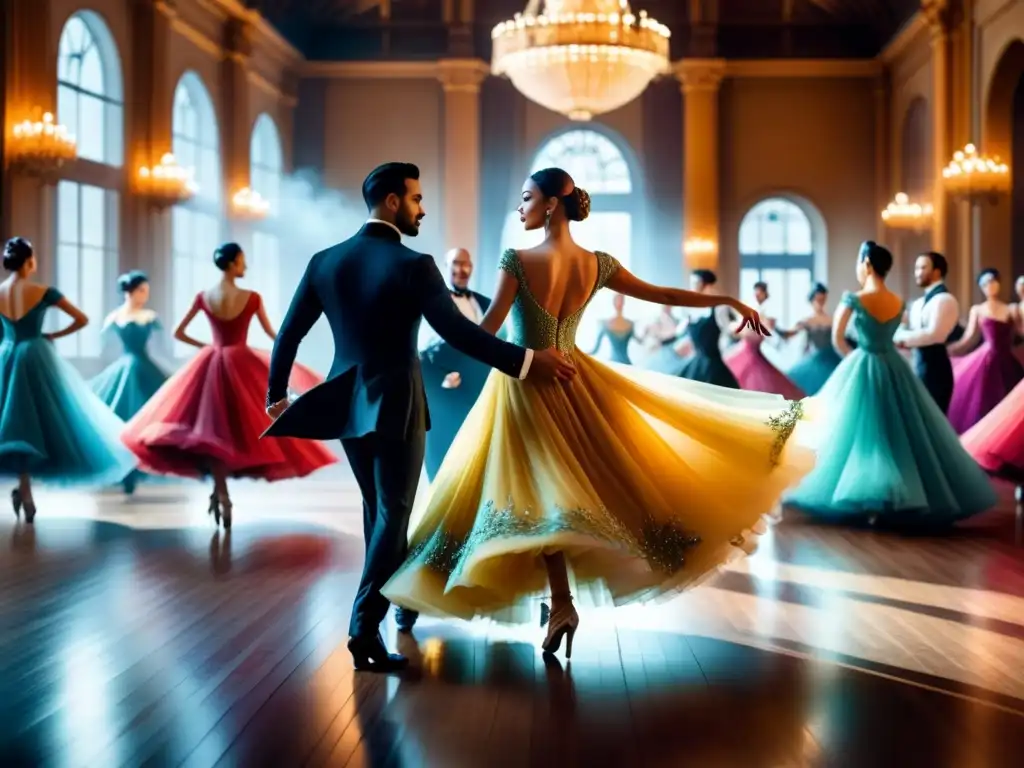 Una pintura acuarela exquisita que representa un salón de baile lleno de bailarines elegantemente vestidos danzando en un vals hipnotizante