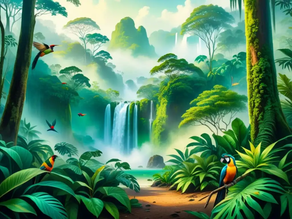 Pintura en acuarela que retrata un exuberante bosque tropical, resaltando la belleza y fragilidad del ecosistema