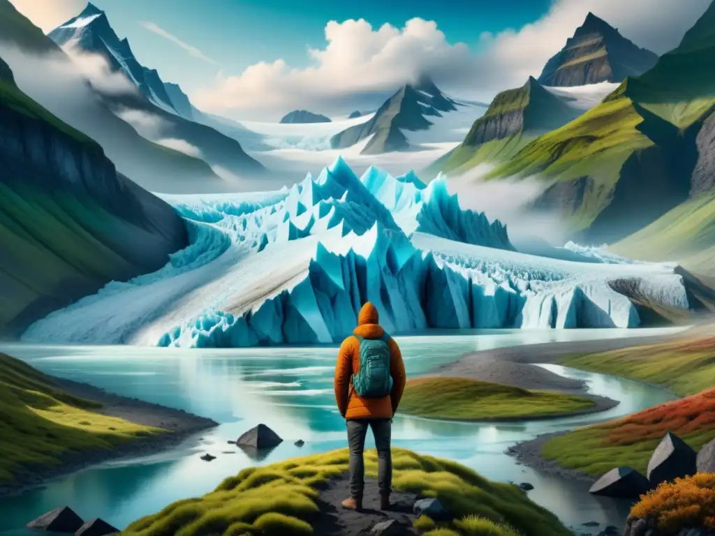 Una pintura acuarela detalla un glaciar derritiéndose entre exuberante vegetación y tierra árida