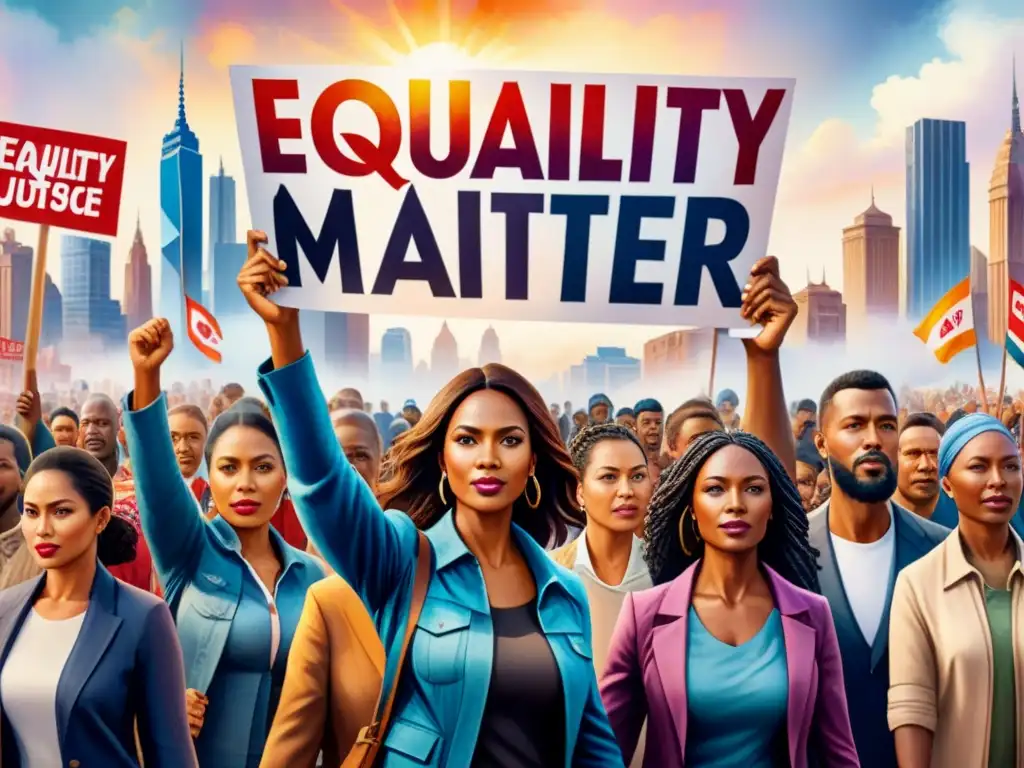 Pintura acuarela: grupo diverso lucha por igualdad, justicia y derechos humanos en ciudad