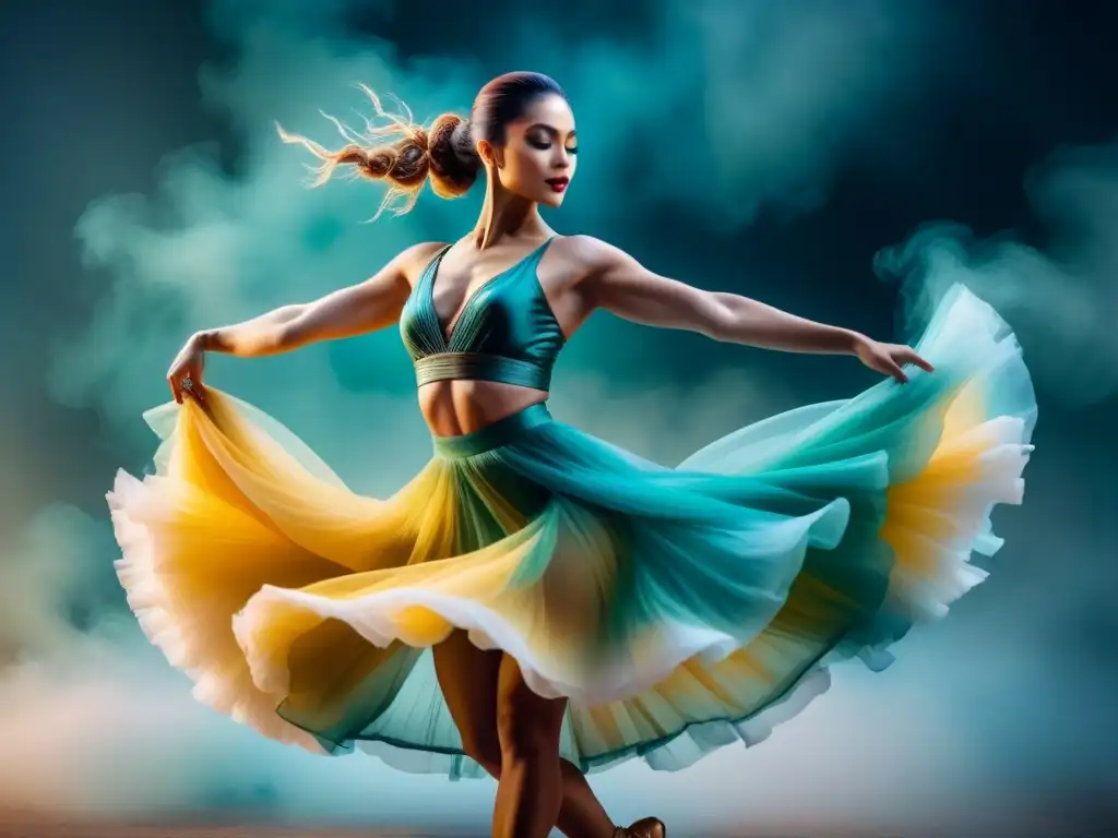 Una pintura acuarela hipnótica de una bailarina grácil en pleno giro, fusionando técnicas y estilos de danza