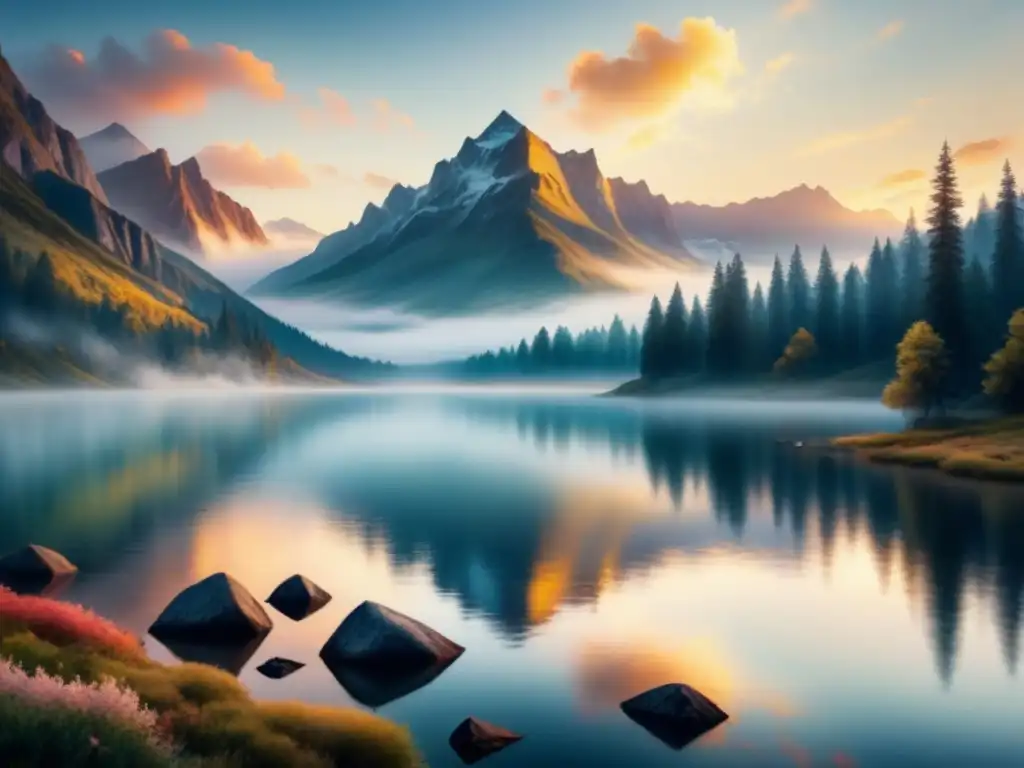 Una pintura acuarela hipnótica de un lago sereno reflejando una majestuosa cordillera bajo un cielo pastel al atardecer