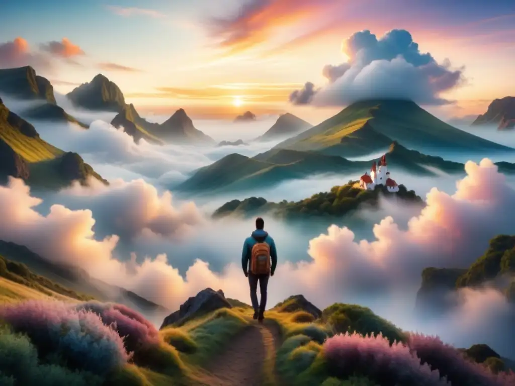 Una pintura acuarela hipnotizante que explora un paisaje surrealista y etéreo, donde nubes delicadas y translúcidas se mezclan con fuerzas invisibles