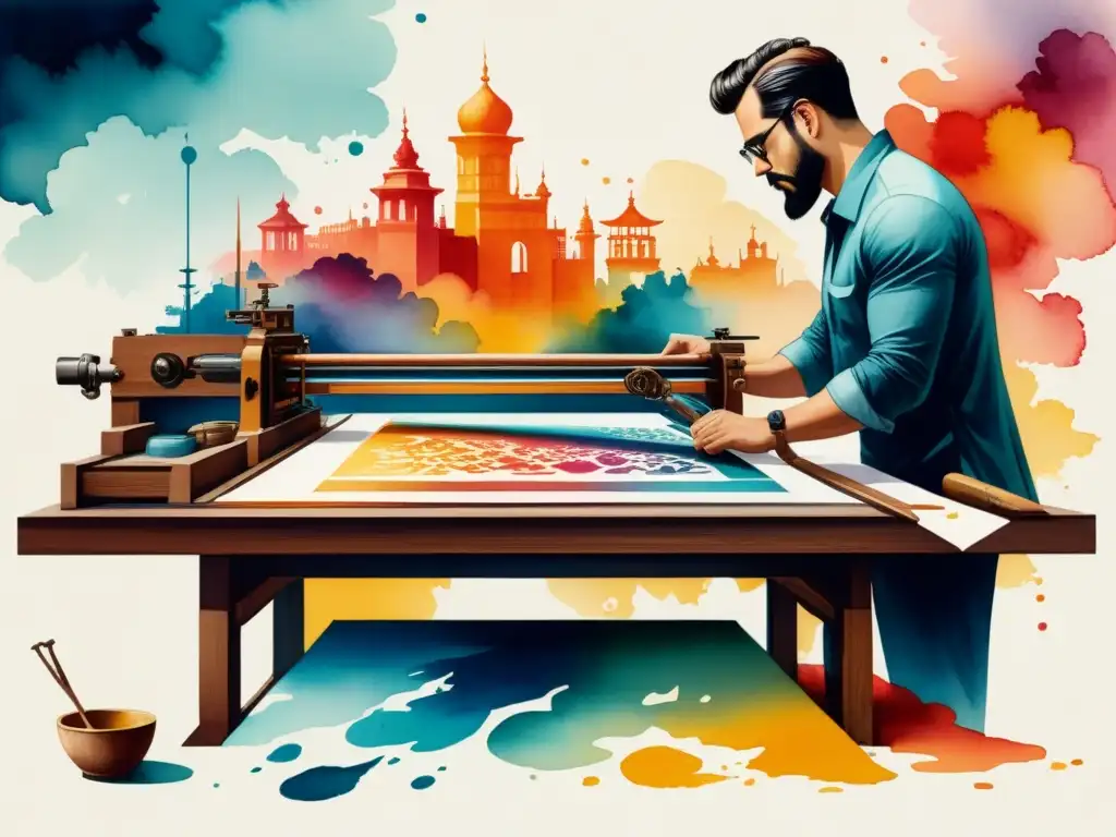 Una pintura acuarela detalla la historia de las técnicas de serigrafía, desde antiguos métodos manuales hasta procesos digitales, con colores vibrantes y detalles intrincados