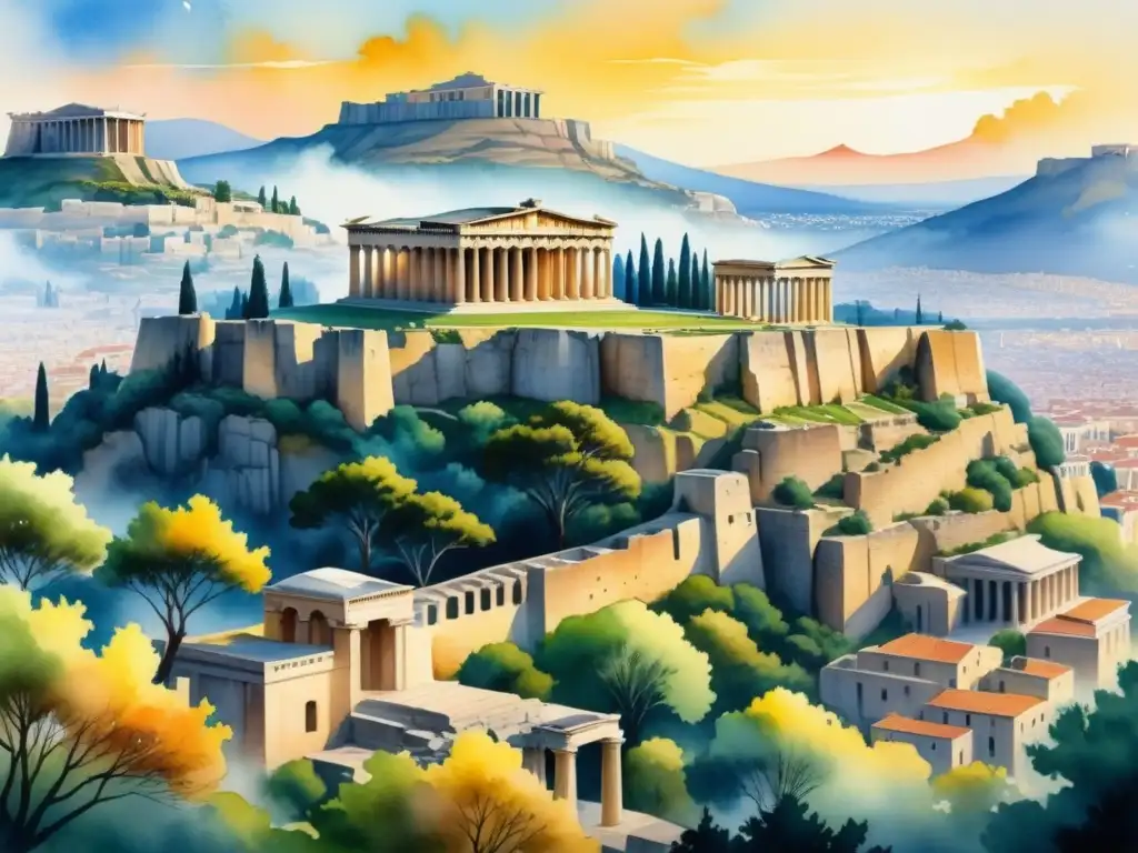 Pintura en acuarela de la icónica Acropolis en Atenas, Grecia, destacando su influencia en la evolución del paisaje en pintura