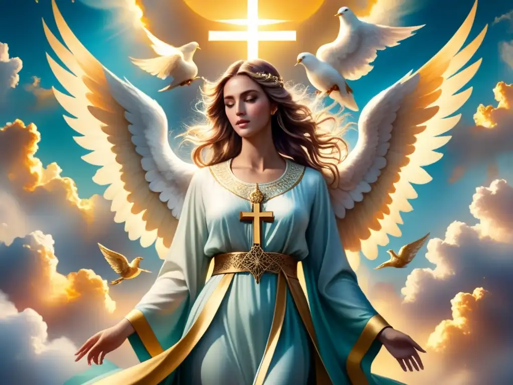 Pintura acuarela de ángeles con iconografía religiosa en el Manierismo, rodeados de luz dorada celestial