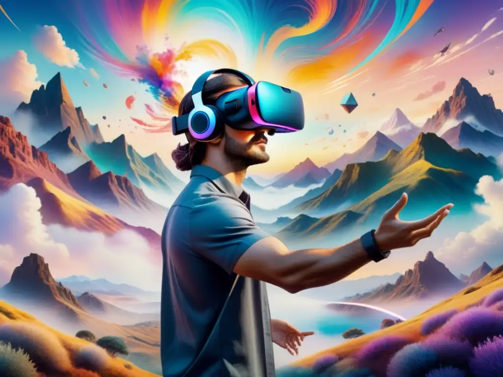 Una pintura acuarela impactante de un artista usando un visor de realidad virtual, creando en un paisaje digital vibrante y surrealista