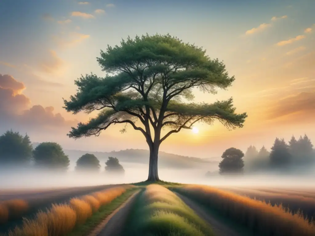 Una pintura acuarela impactante de un paisaje minimalista con un árbol solitario en un campo vasto bajo un cielo pastel