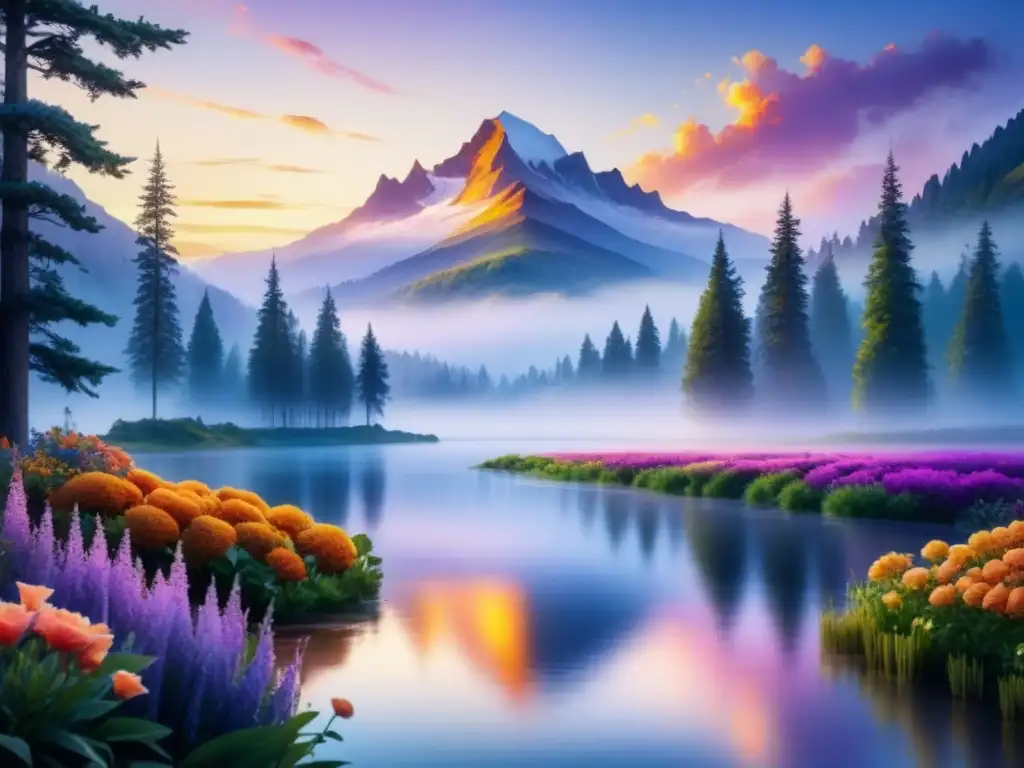 Pintura en acuarela con impacto emocional, colores vibrantes reflejando un paisaje sereno al atardecer