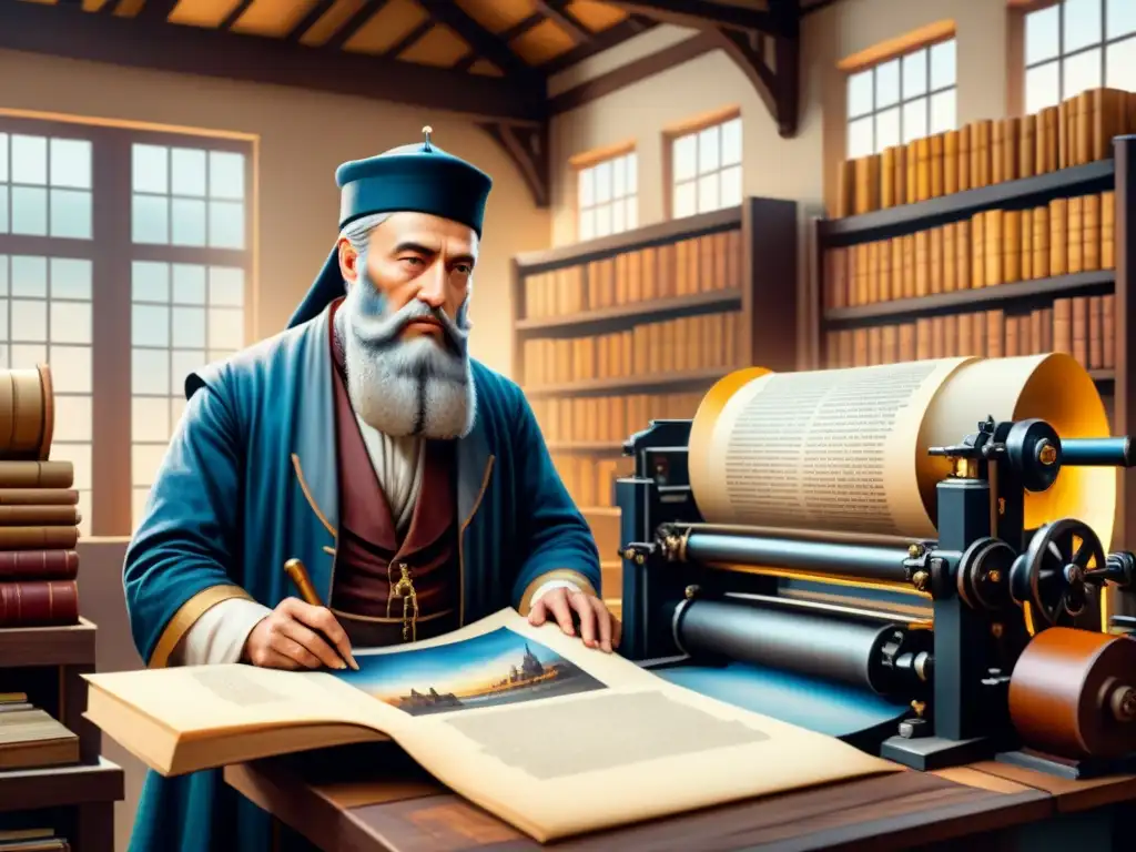 Pintura acuarela detalla el impacto de la imprenta de Gutenberg en el Renacimiento