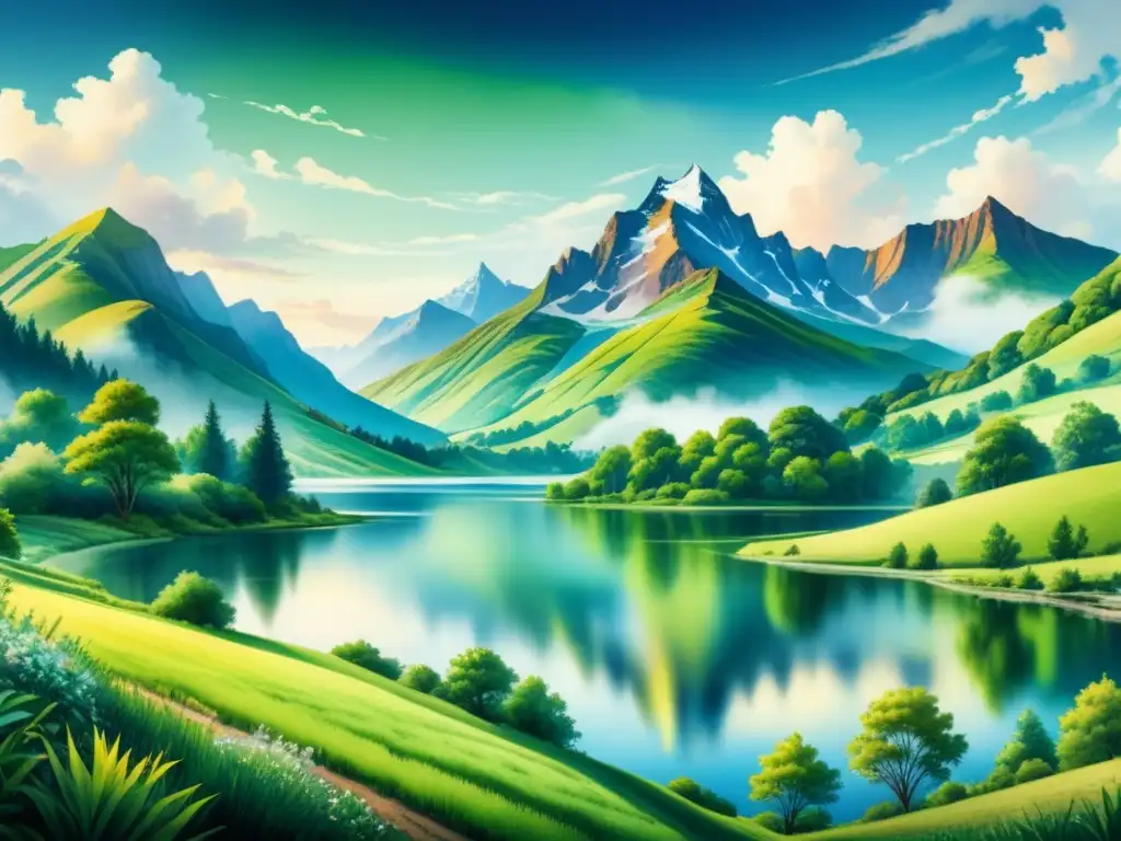 Una pintura acuarela impresionante de un paisaje exuberante con colinas, un lago sereno reflejando el cielo azul y una majestuosa cordillera al fondo