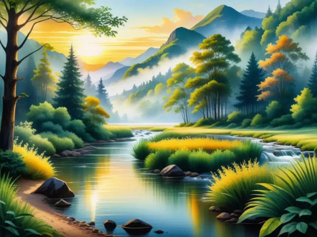 Una pintura acuarela impresionante de un paisaje sereno con un bosque exuberante, un río tranquilo y el sol poniéndose, creando un aura dorada