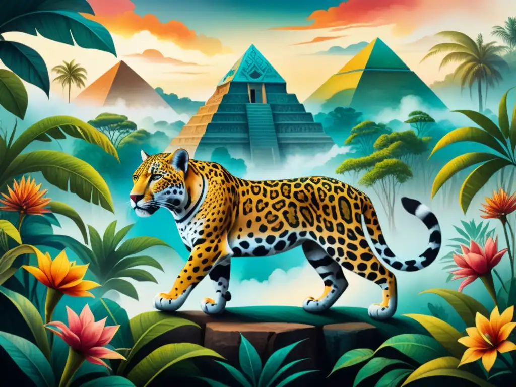 Pintura acuarela intrincada que fusiona arte precolombino con surrealismo: un jaguar estilizado en la selva