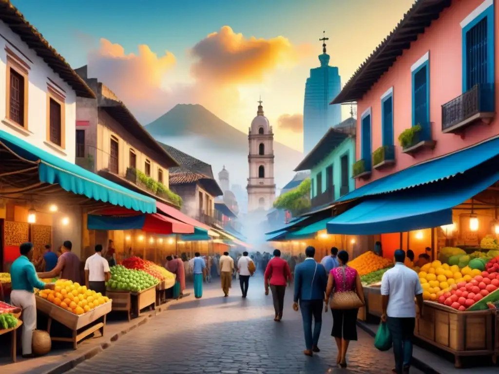 Una pintura acuarela intrincada de una bulliciosa ciudad latinoamericana llena de colores vibrantes y escenas callejeras energéticas