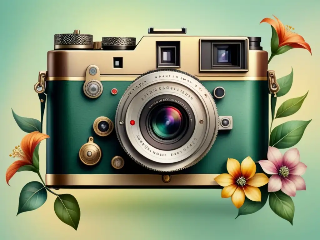 Una pintura acuarela intrincada que muestra una cámara vintage entre flores, simbolizando la sinergia fotografía analógica poesía visual