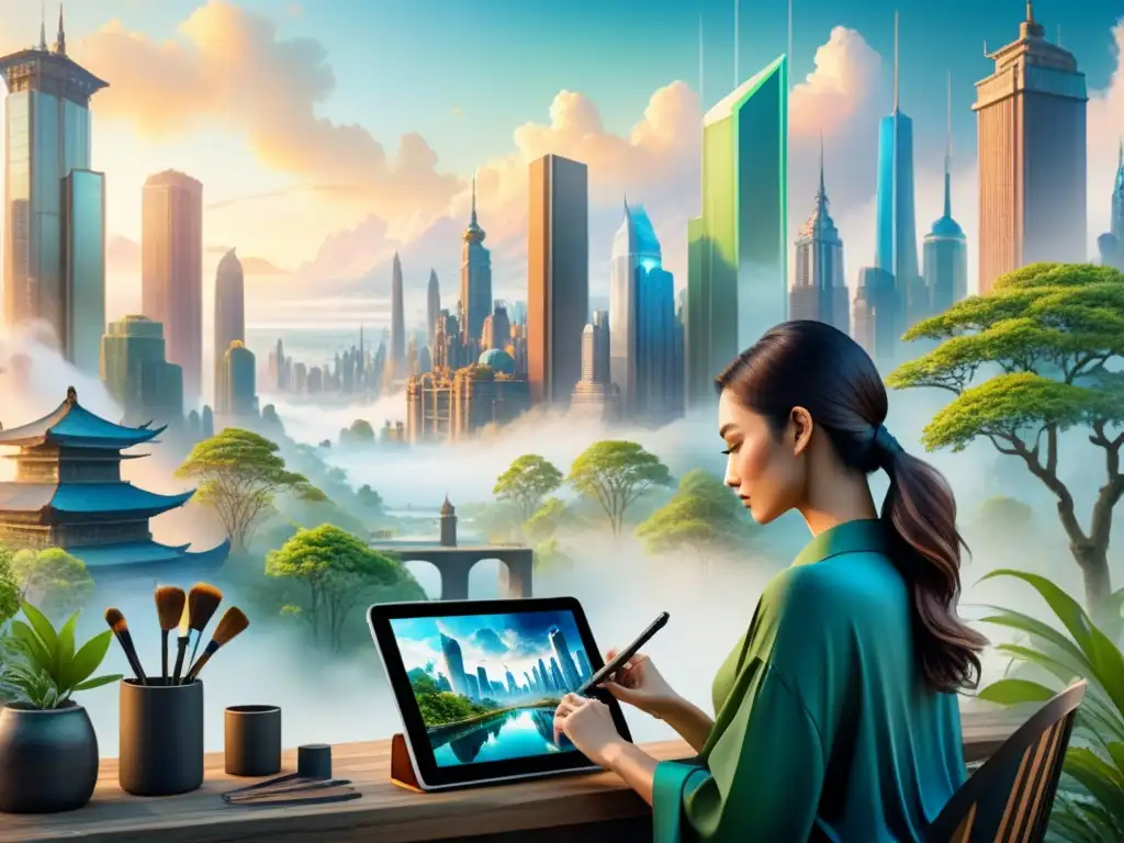 Una pintura acuarela intrincada muestra una ciudad futurista fusionada con un bosque exuberante, en la intersección arte digital y tradicional