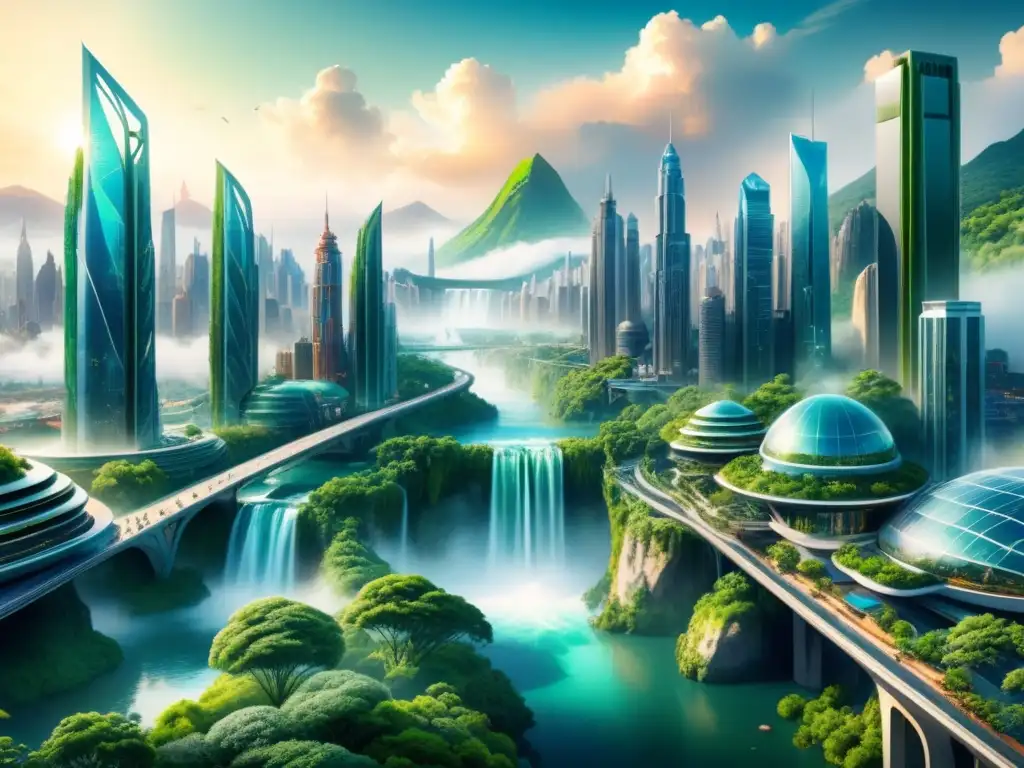 Una pintura acuarela intrincada que fusiona una ciudad futurista con la naturaleza, mostrando tecnología avanzada mezclada con elementos orgánicos