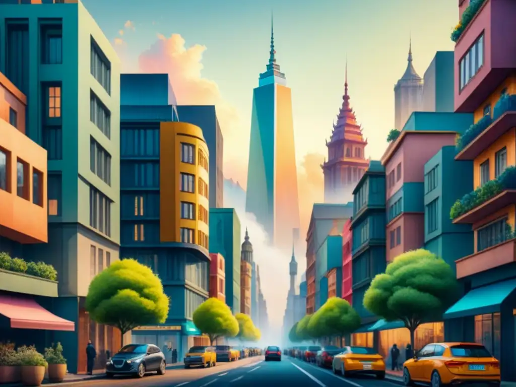 Pintura acuarela intrincada de una ciudad fusionada con la naturaleza, reflejando Teorías del color en Modernismo