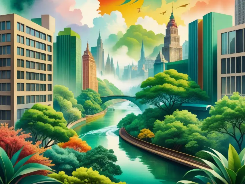 Pintura acuarela intrincada de ciudad caótica y naturaleza, con fotos vintage y formas abstractas