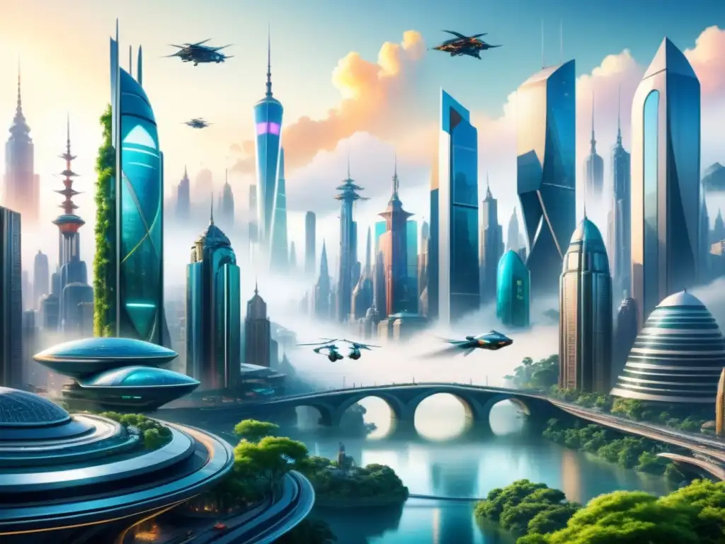 Una pintura acuarela intrincada de una ciudad futurista que fusiona tecnología avanzada con naturaleza, mostrando colores vibrantes y detalles elaborados en la arquitectura y el paisaje