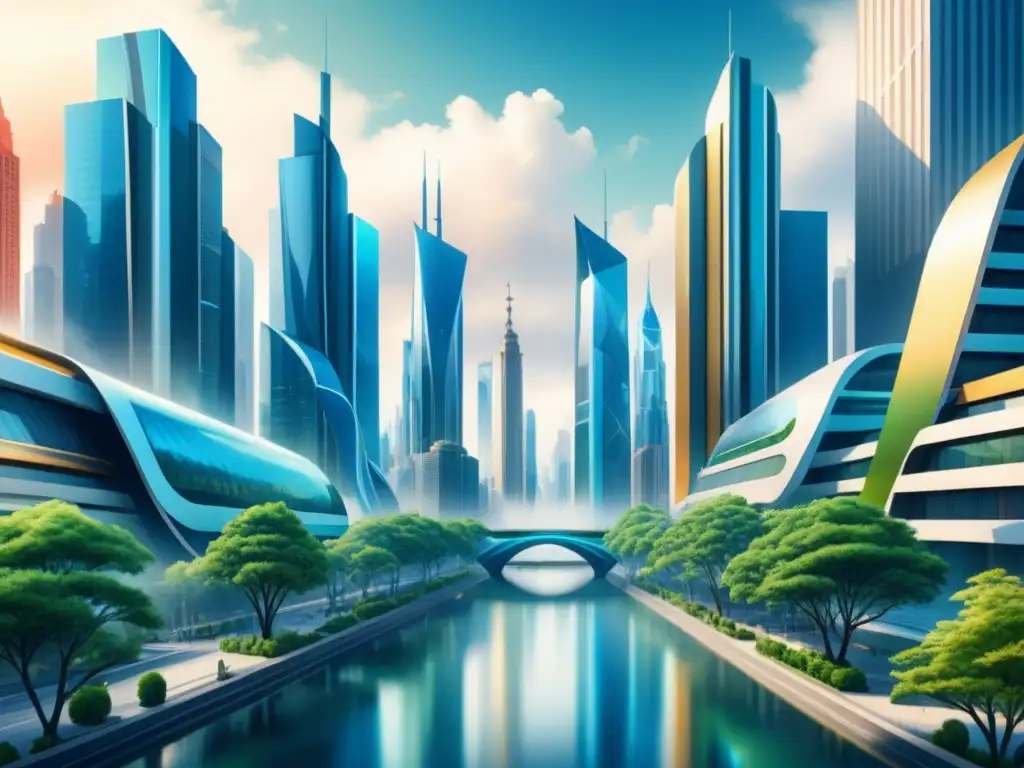 Una pintura acuarela intrincada de una ciudad futurista fusionada con la naturaleza, combinando rascacielos con vegetación y agua