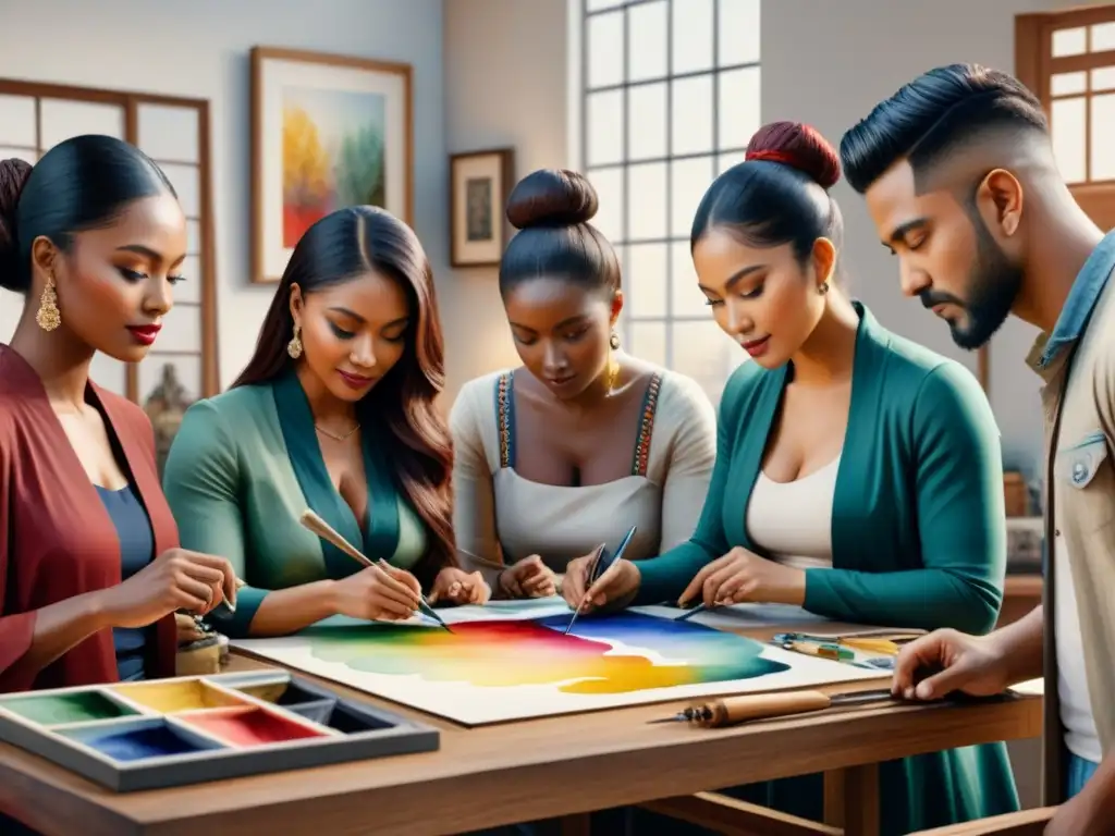 Una pintura acuarela intrincada que refleja la diversidad cultural en un estudio de arte vibrante