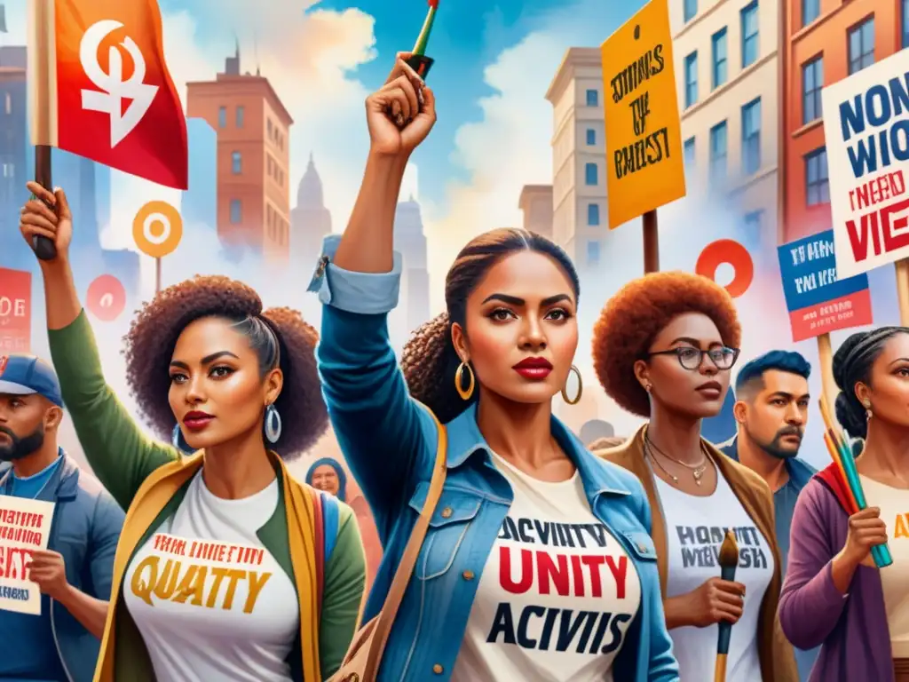 Unidos en diversidad: pintura acuarela de activismo multicultural Una pintura acuarela intrincada que muestra diversidad en activismo visual, con personas de diversas culturas unidas en igualdad y empoderamiento