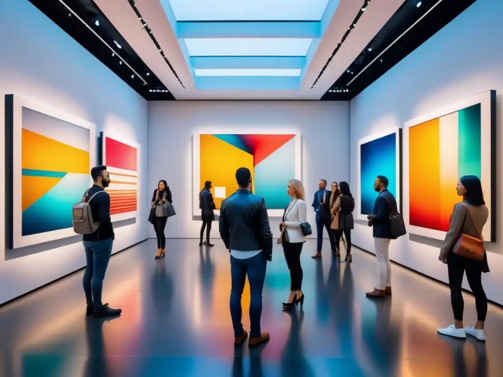 Una pintura acuarela intrincada del futuro del arte visual en el MoMA, exhibiendo esculturas vibrantes y digitales interactivas