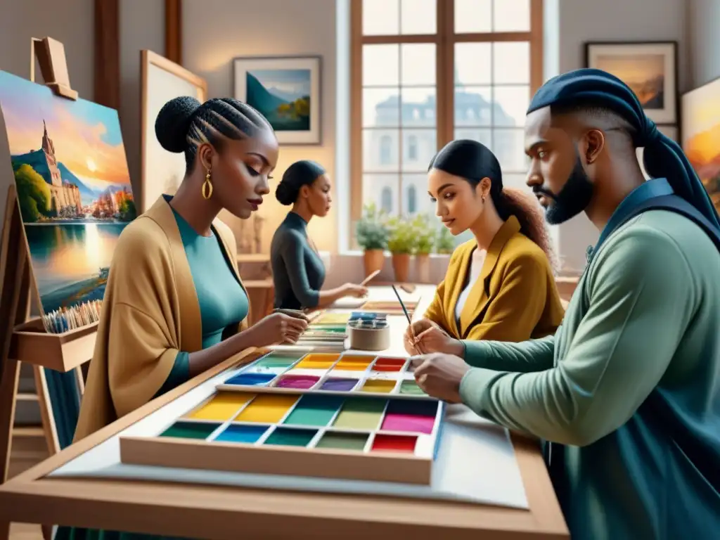 Arte colaborativo: diversidad cultural en Europa Una pintura acuarela intrincada que muestra un grupo diverso de personas creando arte juntas en un estudio vibrante, representando la colaboración y la diversidad en la escena artística europea contemporánea