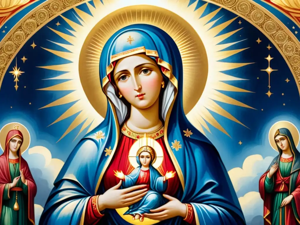 Una pintura acuarela intrincada de un icono bizantino divino de la Virgen María, rodeada de luz radiante en tonos azules celestiales