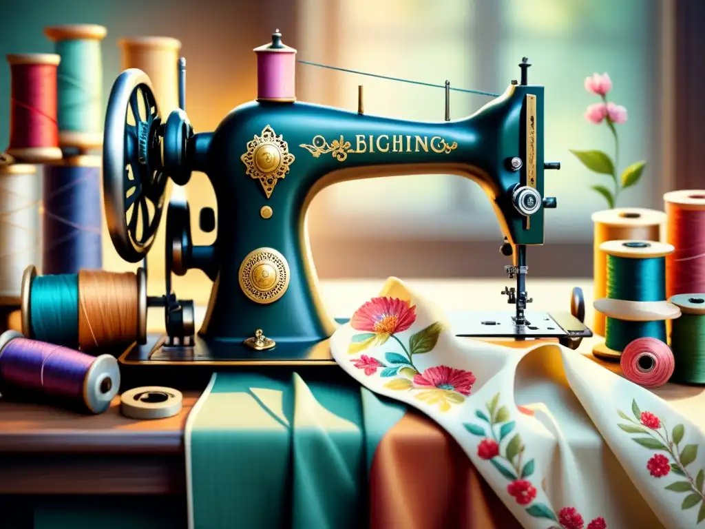 Una pintura acuarela intrincada de una máquina de coser vintage rodeada de elementos simbólicos como carretes de hilo, tijeras y delicados patrones florales, todos fusionándose para crear una representación armoniosa y artística del trabajo artesanal detrás de icónicas estampas de