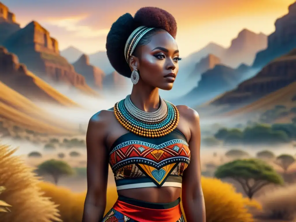 Una pintura de acuarela intrincada fusionando motivos de arte africano tradicional con elementos digitales modernos