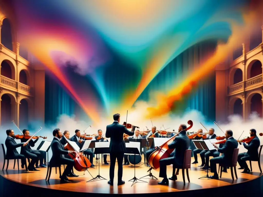 Una pintura de acuarela intrincada que muestra una orquesta sinfónica en escena, con colores vibrantes que representan la música