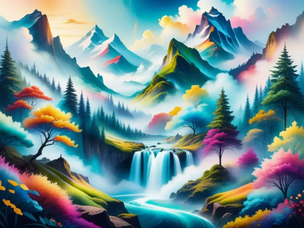 Una pintura acuarela intrincada que muestra un paisaje vibrante y surrealista donde los colores se mezclan para evocar una experiencia sensorial