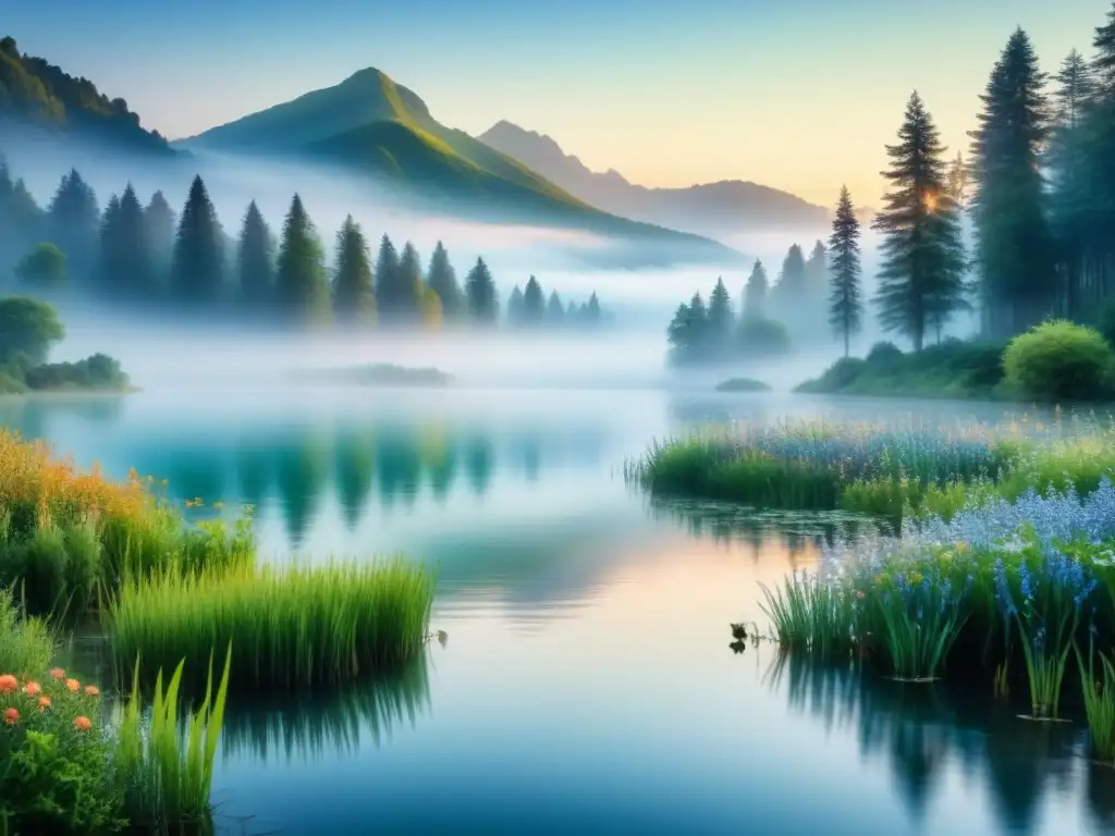 Una pintura acuarela intrincada que muestra un paisaje sereno al amanecer, con un lago tranquilo reflejando los tonos pastel suaves del cielo, rodeado de exuberante vegetación y delicadas flores silvestres en floración