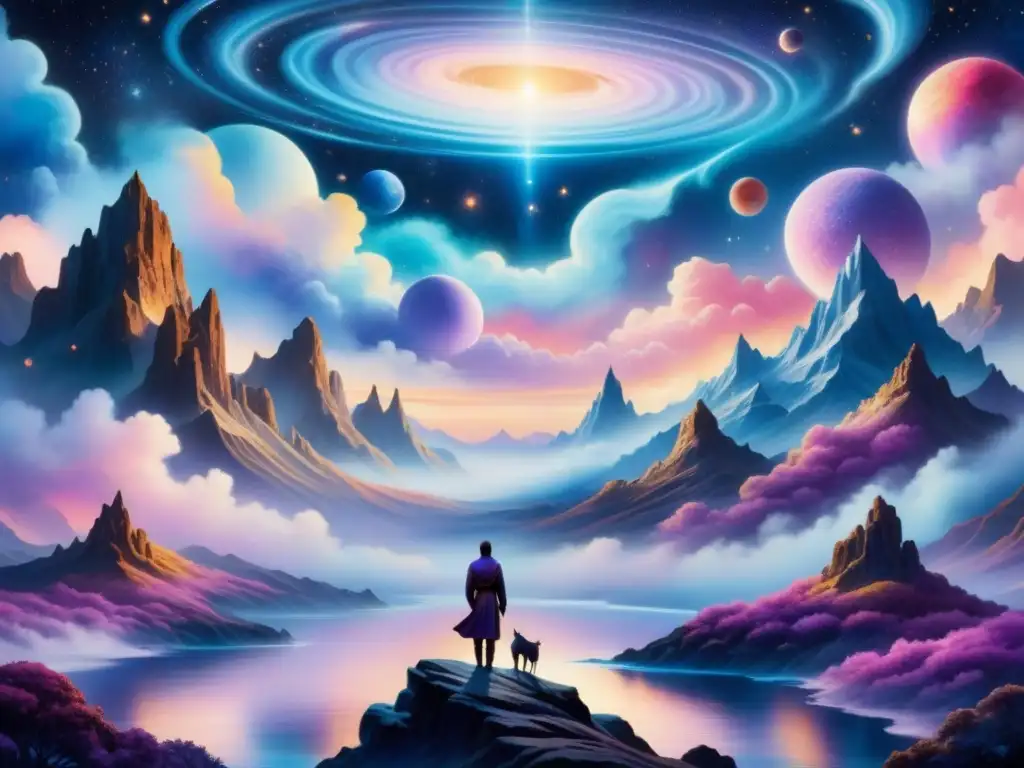 Una pintura acuarela intrincada muestra un paisaje surrealista donde figuras etéreas flotan entre galaxias, fusionándose con la energía cósmica